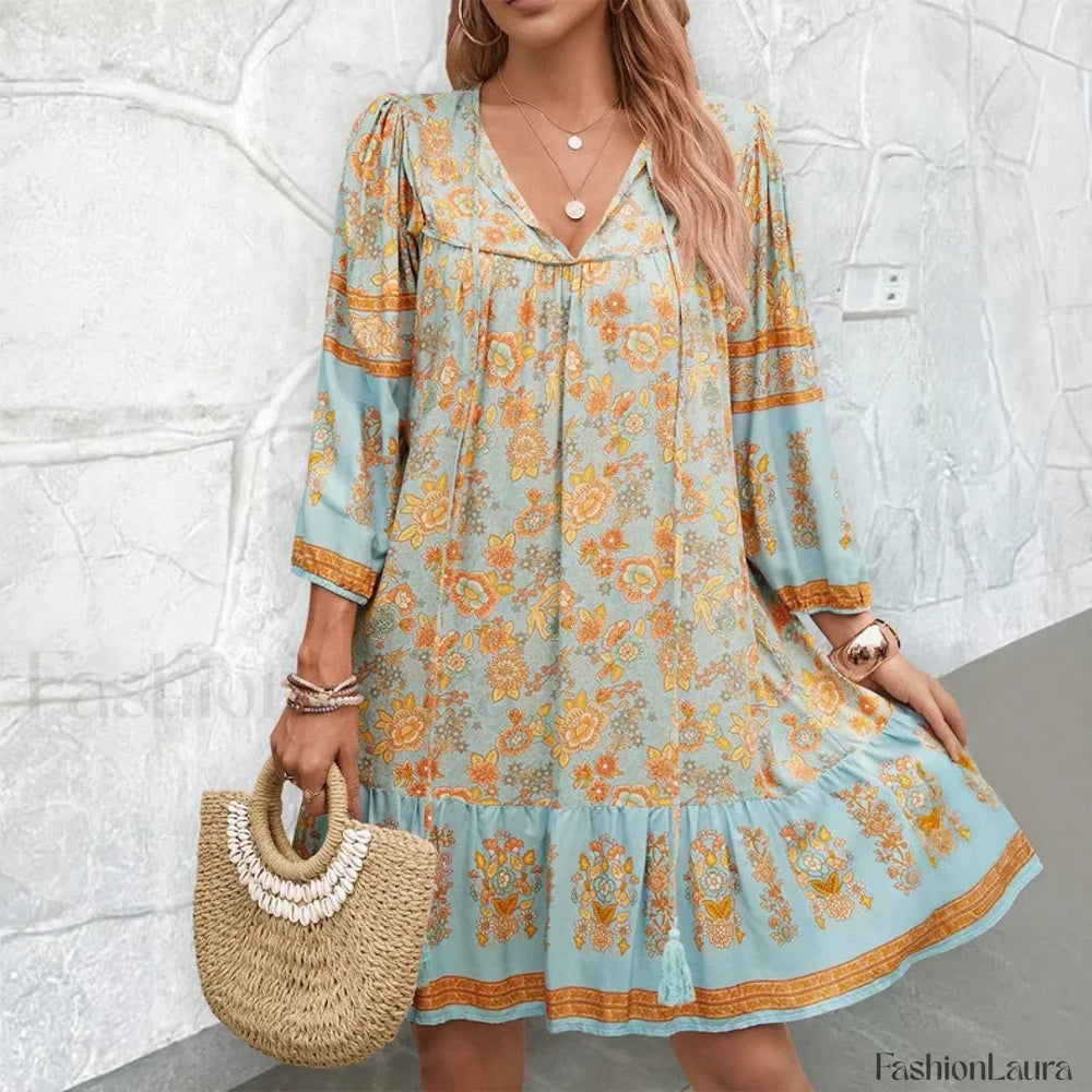 Lace Up Artistic Retro Boho Dress Blue / S