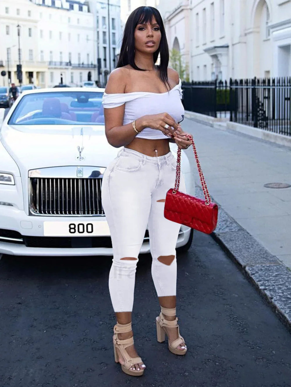 Lace Up Cutout Skinny Jeans White / M Jeans