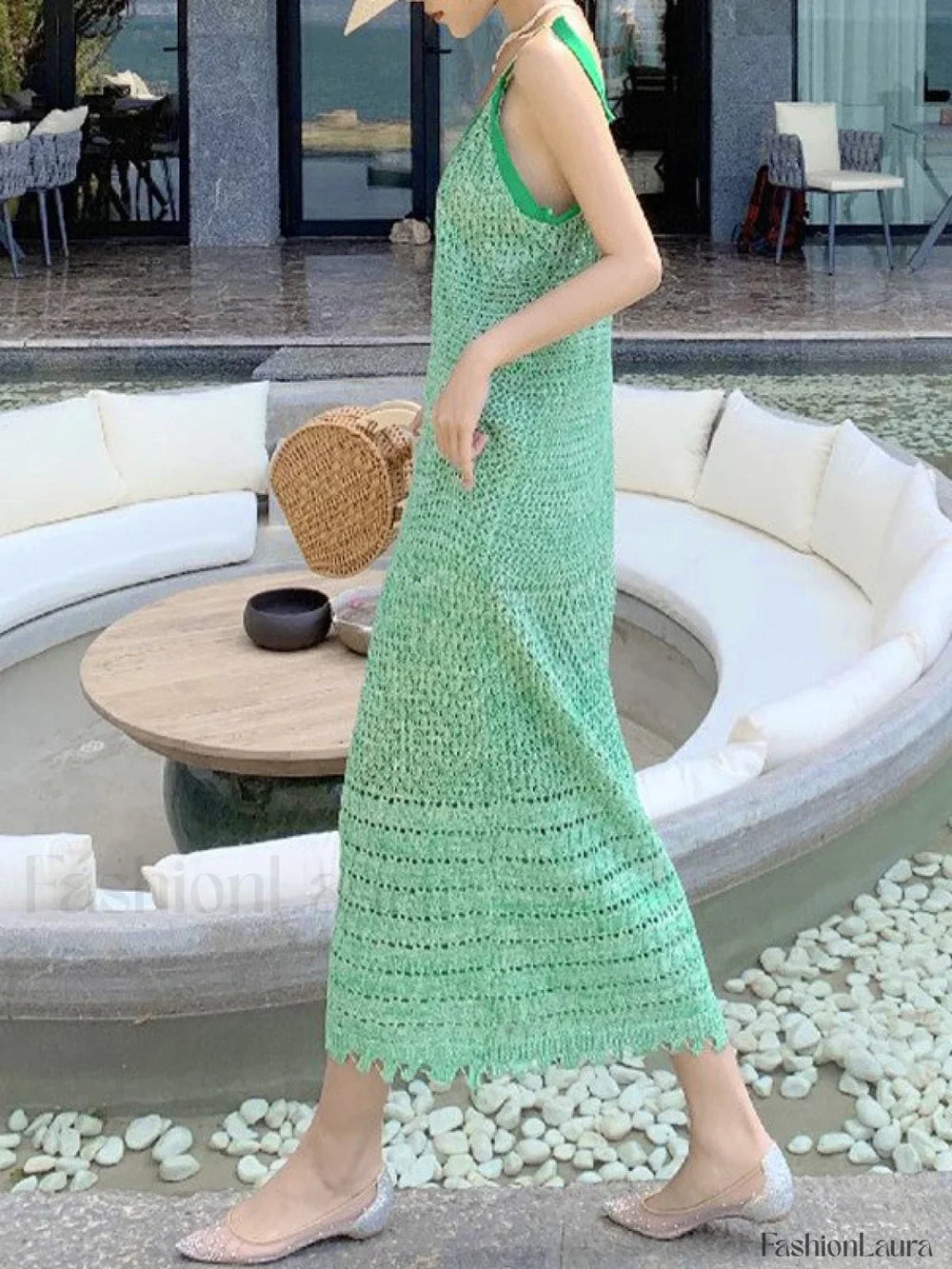 Lace Up Green Crochet Knit Maxi Dress Green / ONE SIZE Maxi Dresses