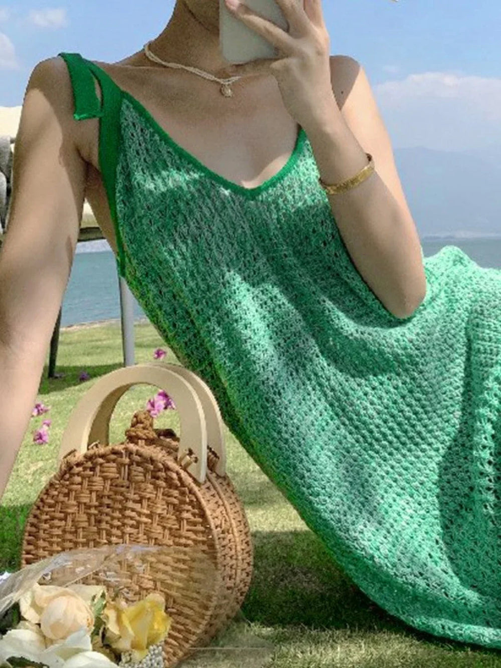 Lace Up Green Crochet Knit Maxi Dress Green / ONE SIZE Maxi Dresses