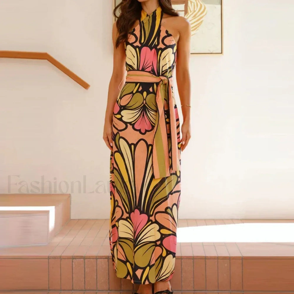 Lace Up Halter Floral Dress 01 Print / S