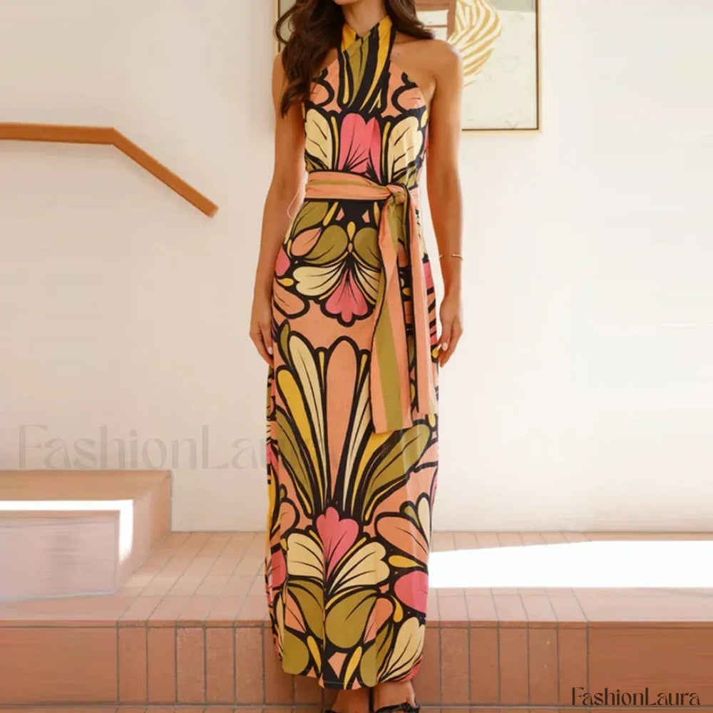 Lace Up Halter Floral Dress 01 Print / S