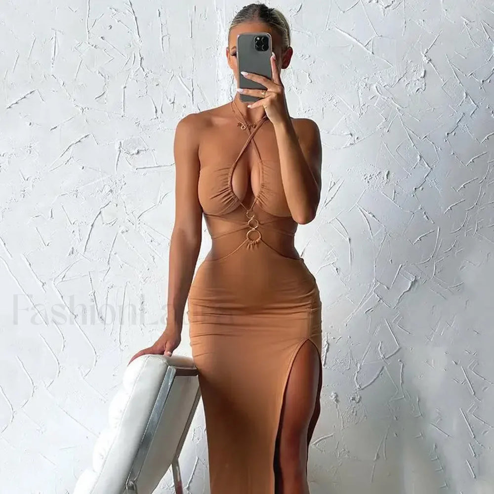 Lace Up High Slit Midi Dress