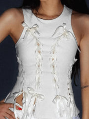 Lace Up Ribbed Cropped Tank Top Tops&Tees