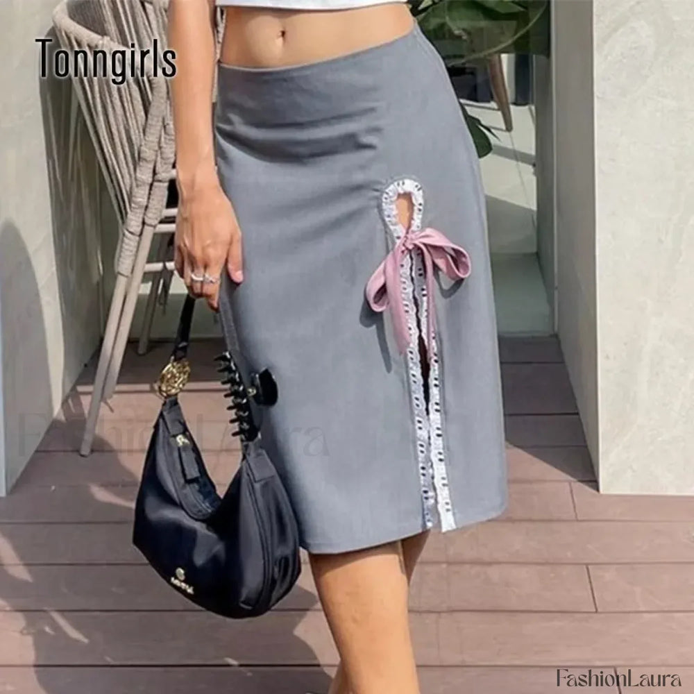 Lace Up Split A Line Elegant Skirt