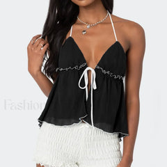 Lace Up Split Front Crop Top Black / S