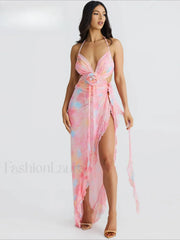 Lace Up Split Ruffled Floral Dress