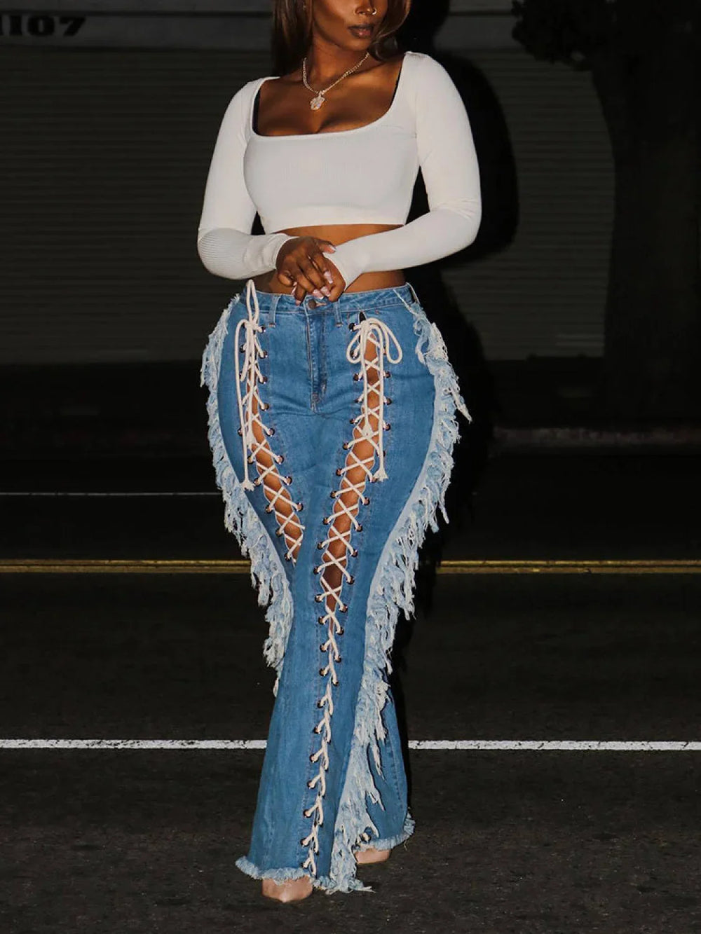 Lace Up Tassel Jeans Jeans