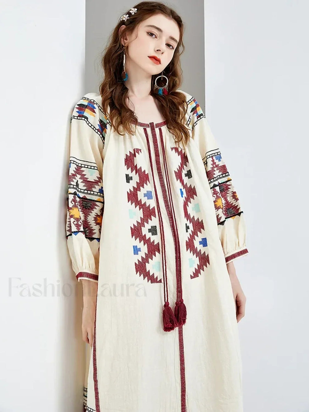 Lantern Sleeve Floral Boho Dress white / One Size