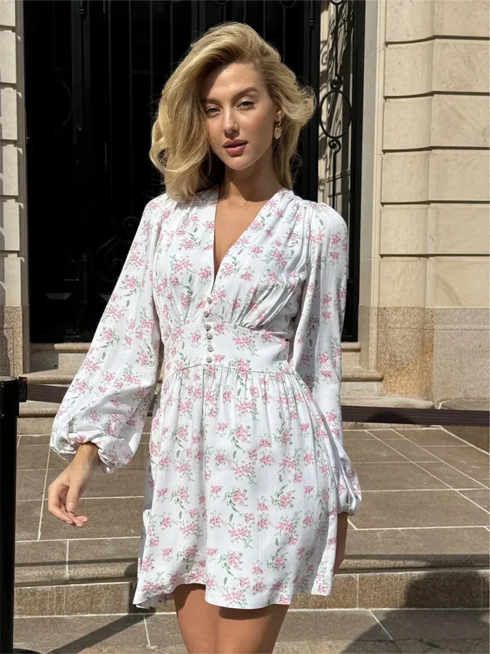 Lantern Sleeve Office Floral Dress Printing / S