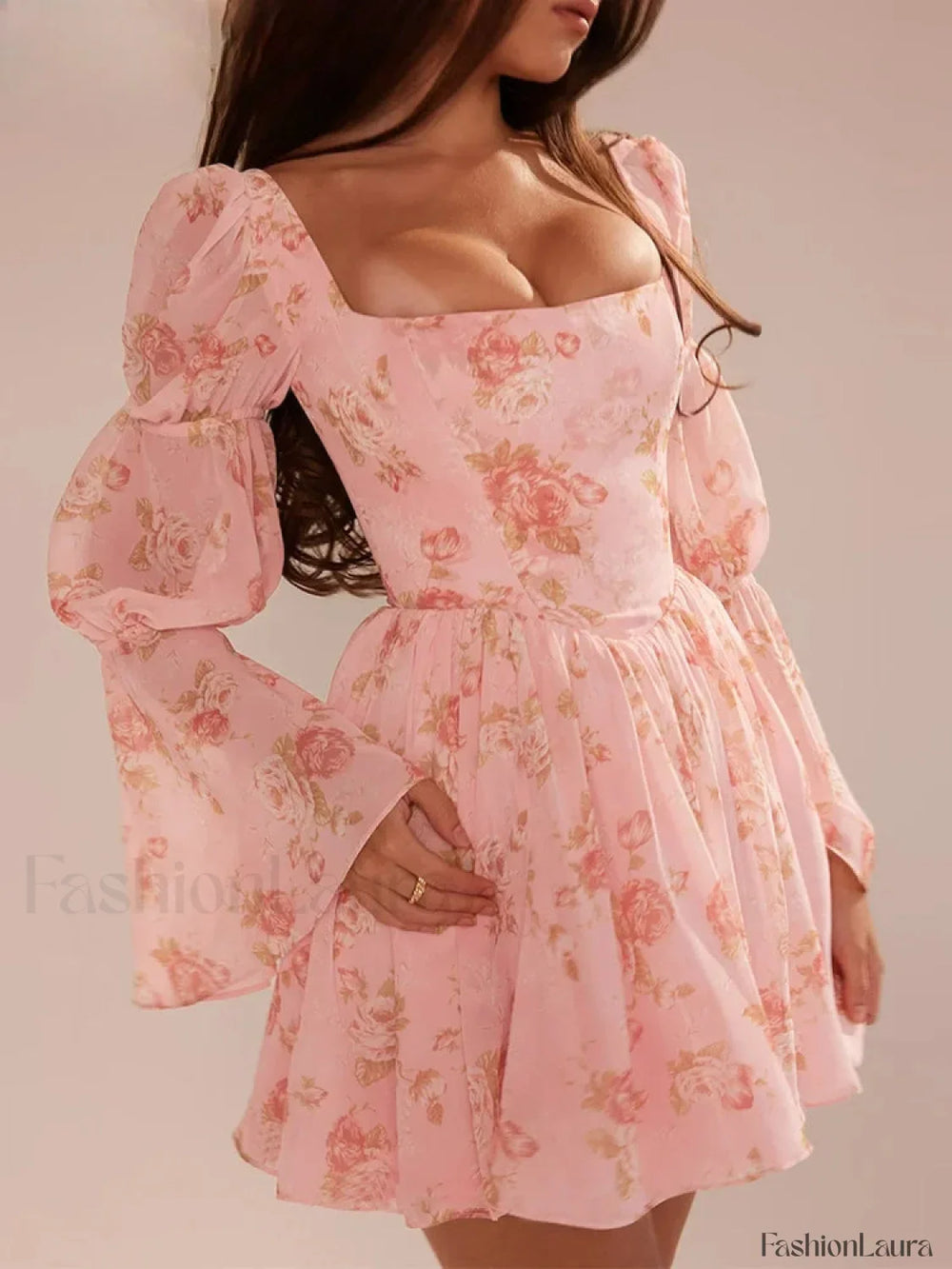 Lantern Sleeve Square Floral Dress