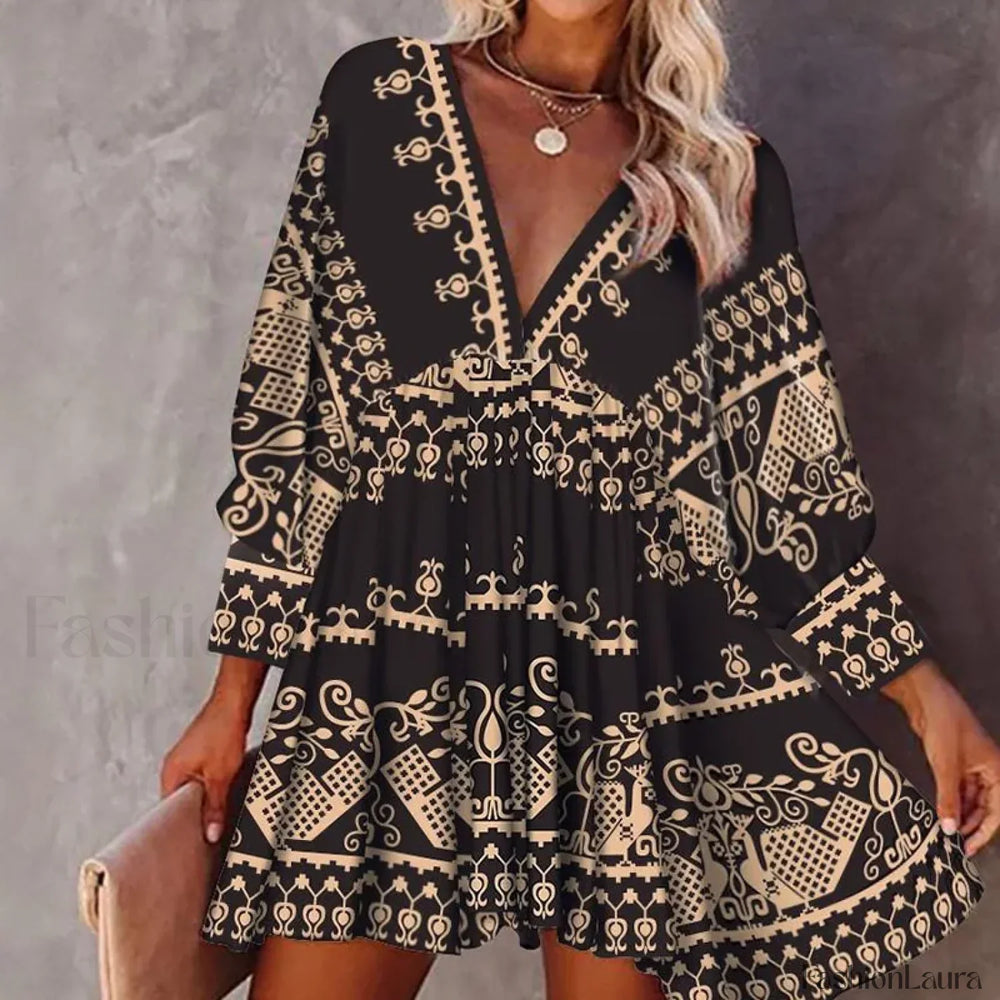 Lantern Sleeve Swing Boho Dress