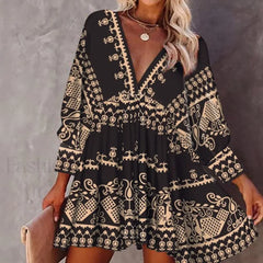 Lantern Sleeve Swing Boho Dress Black / S