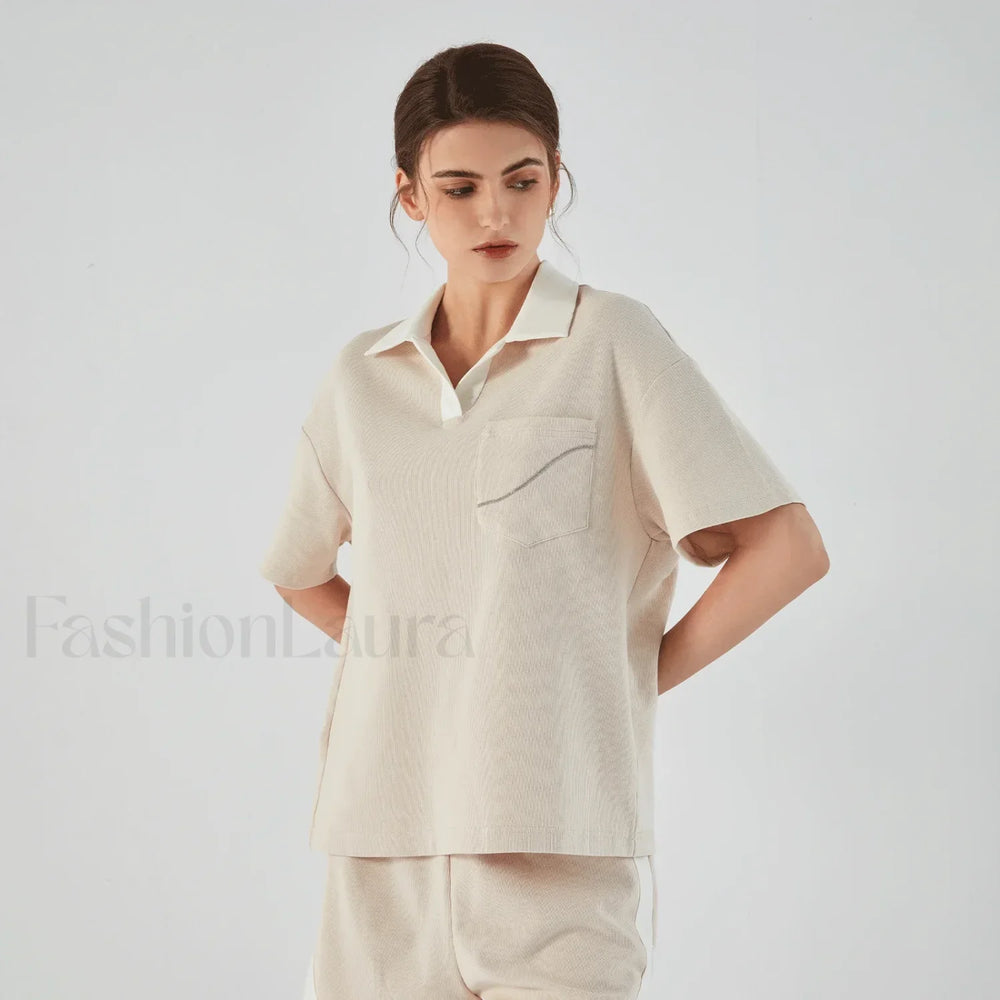 Lapel Combed Cotton Casual T Shirt apricot / S