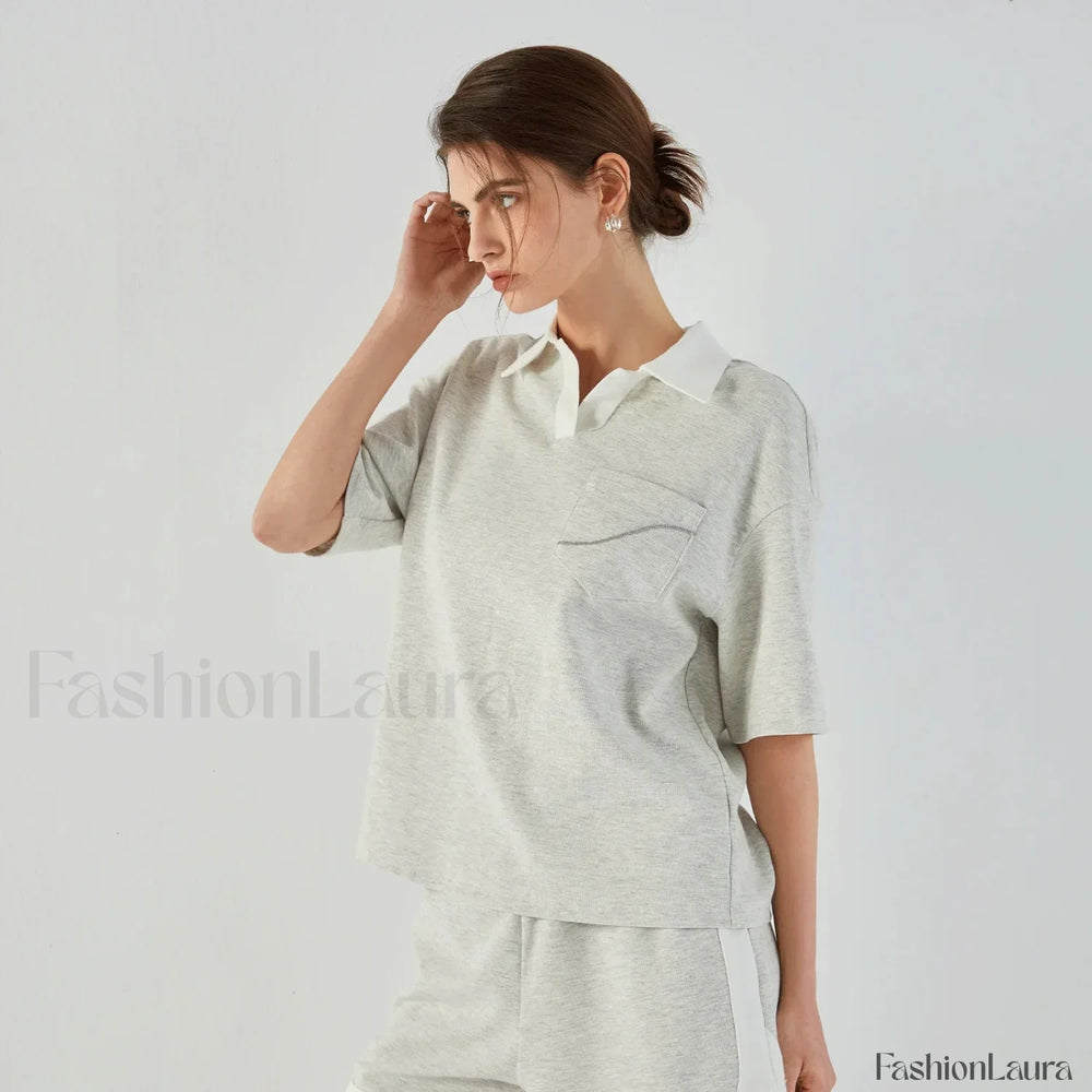 Lapel Combed Cotton Casual T Shirt light gray / S