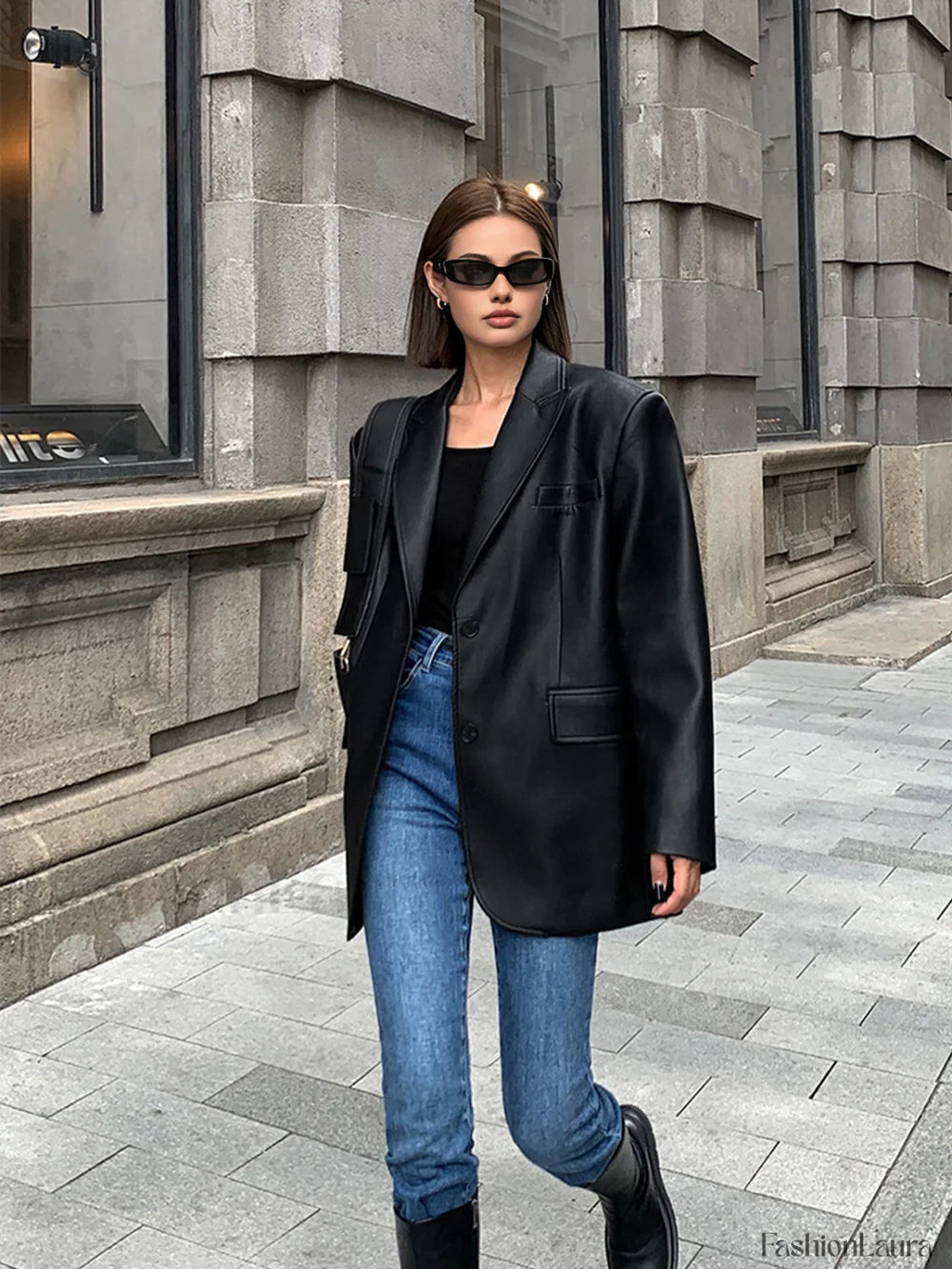 Lapel Pockets Leather Blazer Blazers