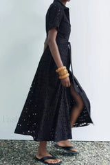 Lapel Waist Cinched Hollow A Line Work Dress