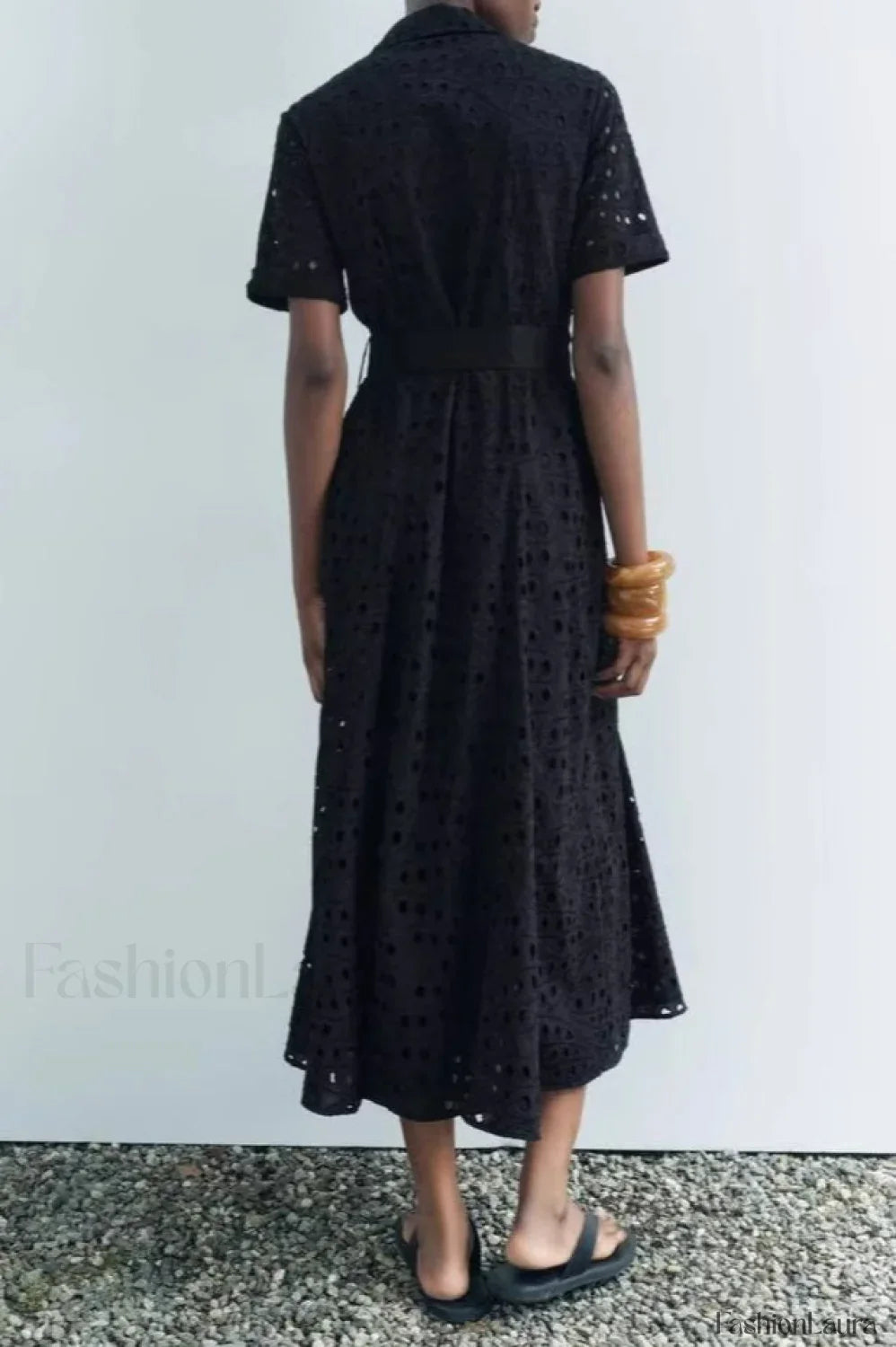 Lapel Waist Cinched Hollow A Line Work Dress
