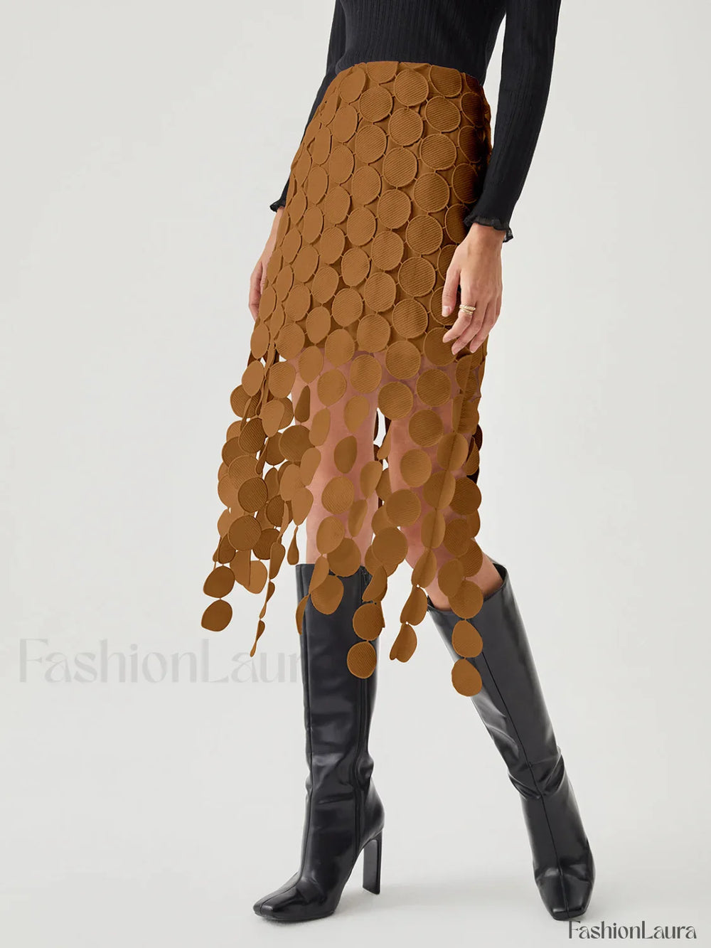 Laser Cut Multi Trendy Circle Double Layered Skirt Light Brown / XS Skirts
