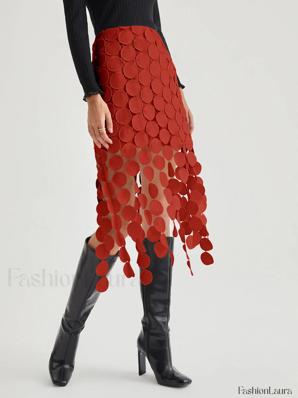 Laser Cut Multi Trendy Circle Double Layered Skirt Red / XS Skirts