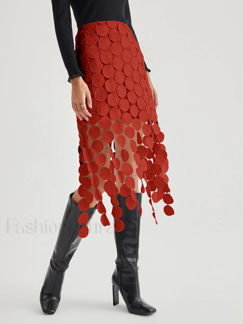 Laser Cut Multi Trendy Circle Double Layered Skirt Red / XS Skirts