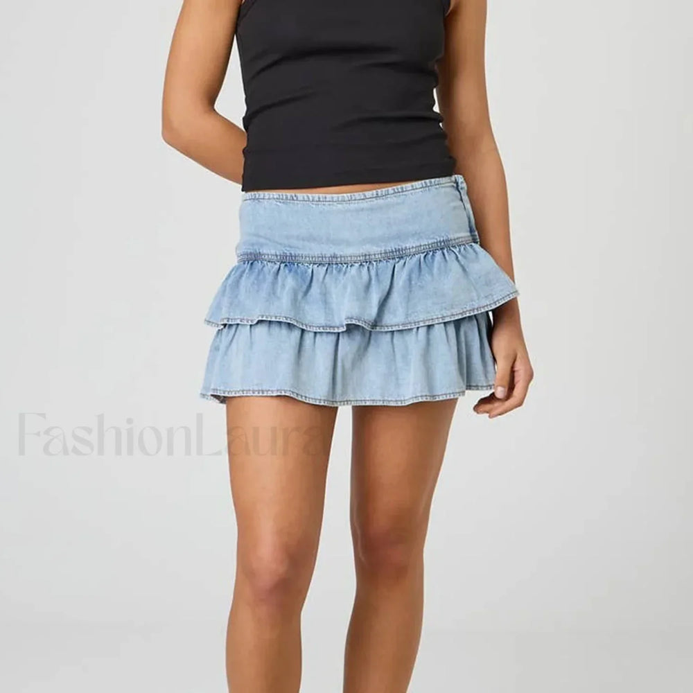 Layered Denim Ruffle Mini Skirt Blue / S
