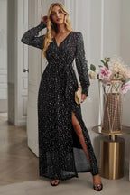 Leandra Front Split Charming Shimmer Maxi Dress