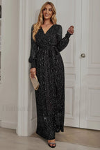 Leandra Front Split Charming Shimmer Maxi Dress S / Black Sparkle