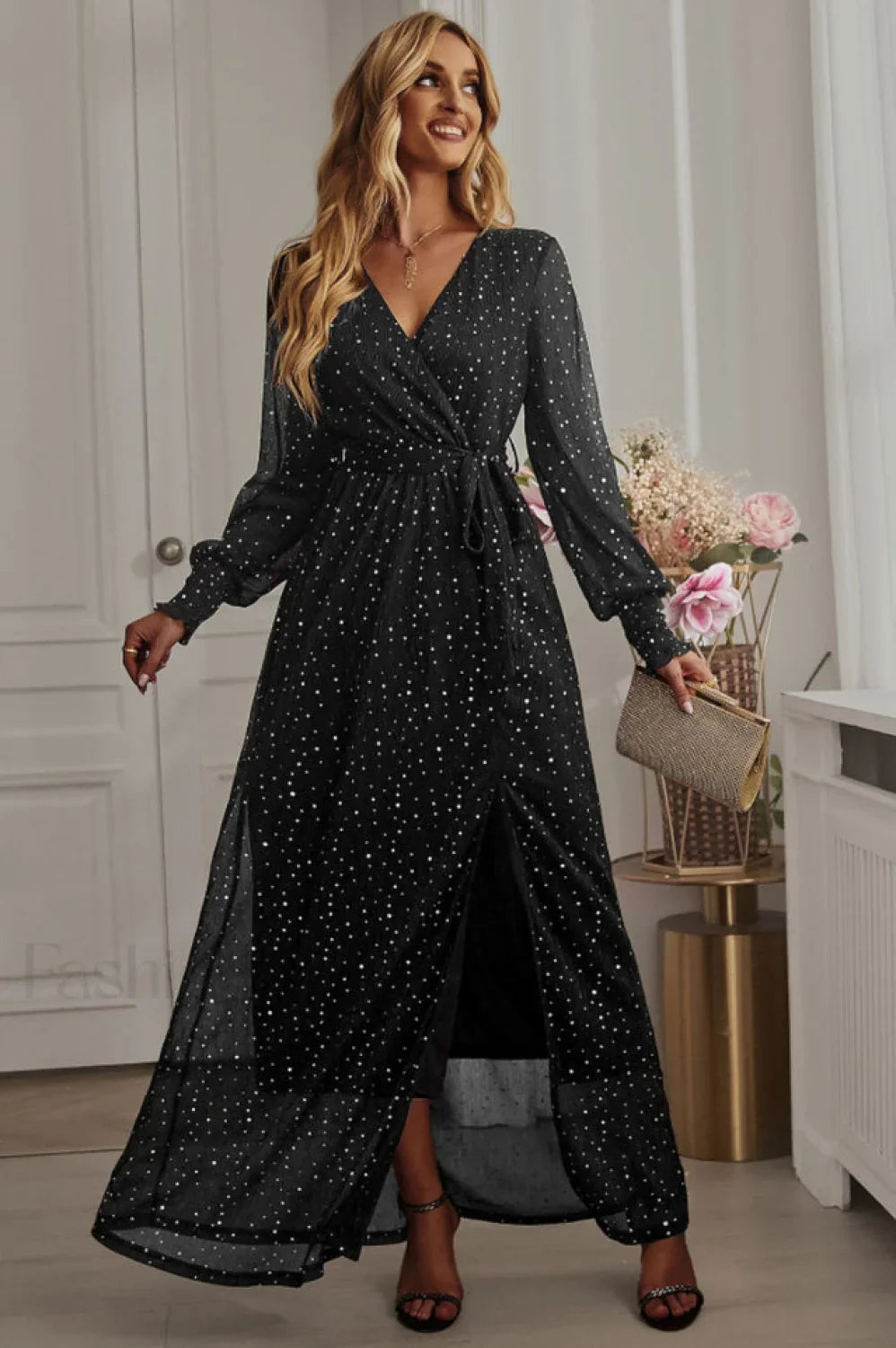 Leandra Front Split Charming Shimmer Maxi Dress