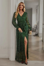 Leandra Front Split Charming Shimmer Maxi Dress