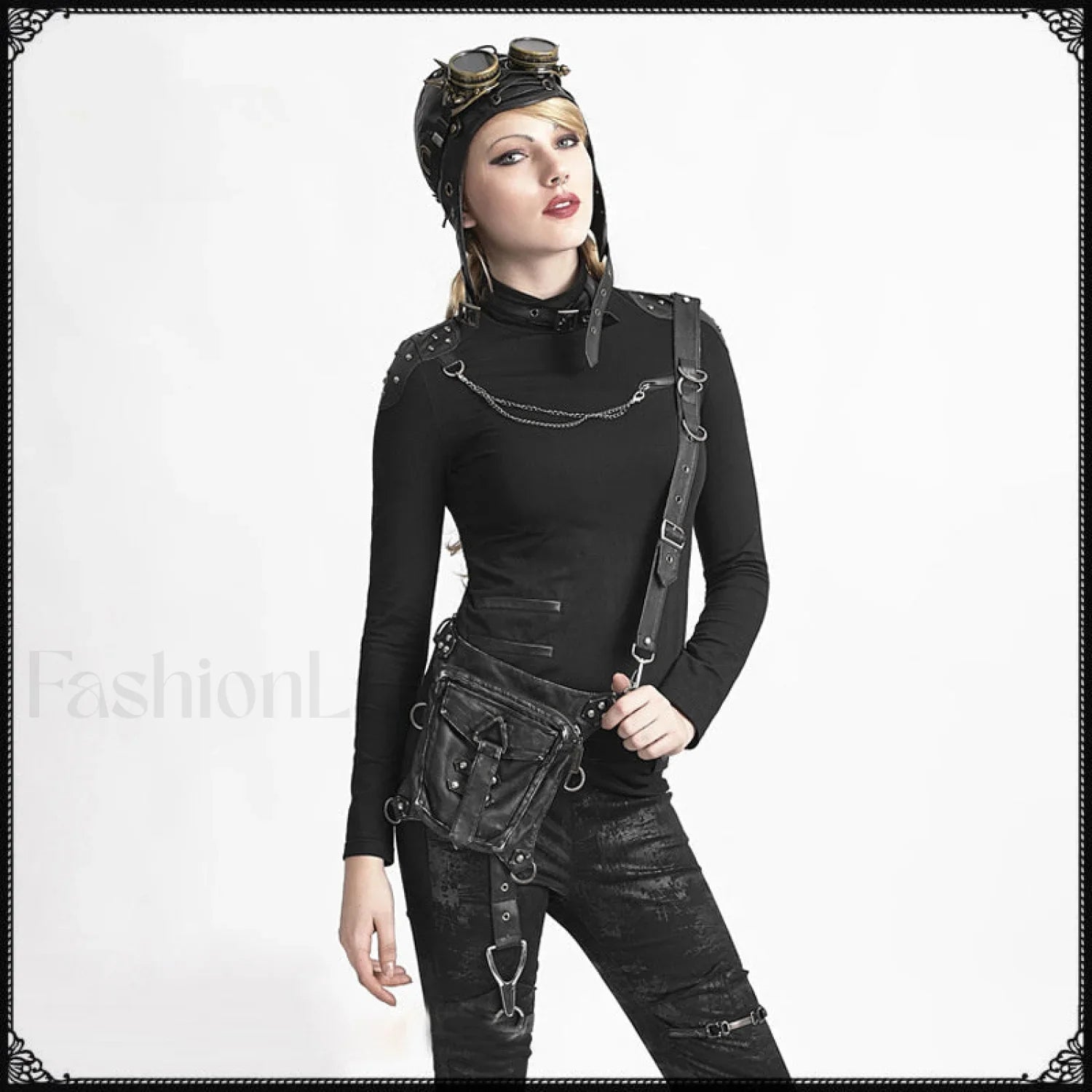 Leather Steam Punk Gothic Shoulder Waist Messenger Retro Women Bag BLACK