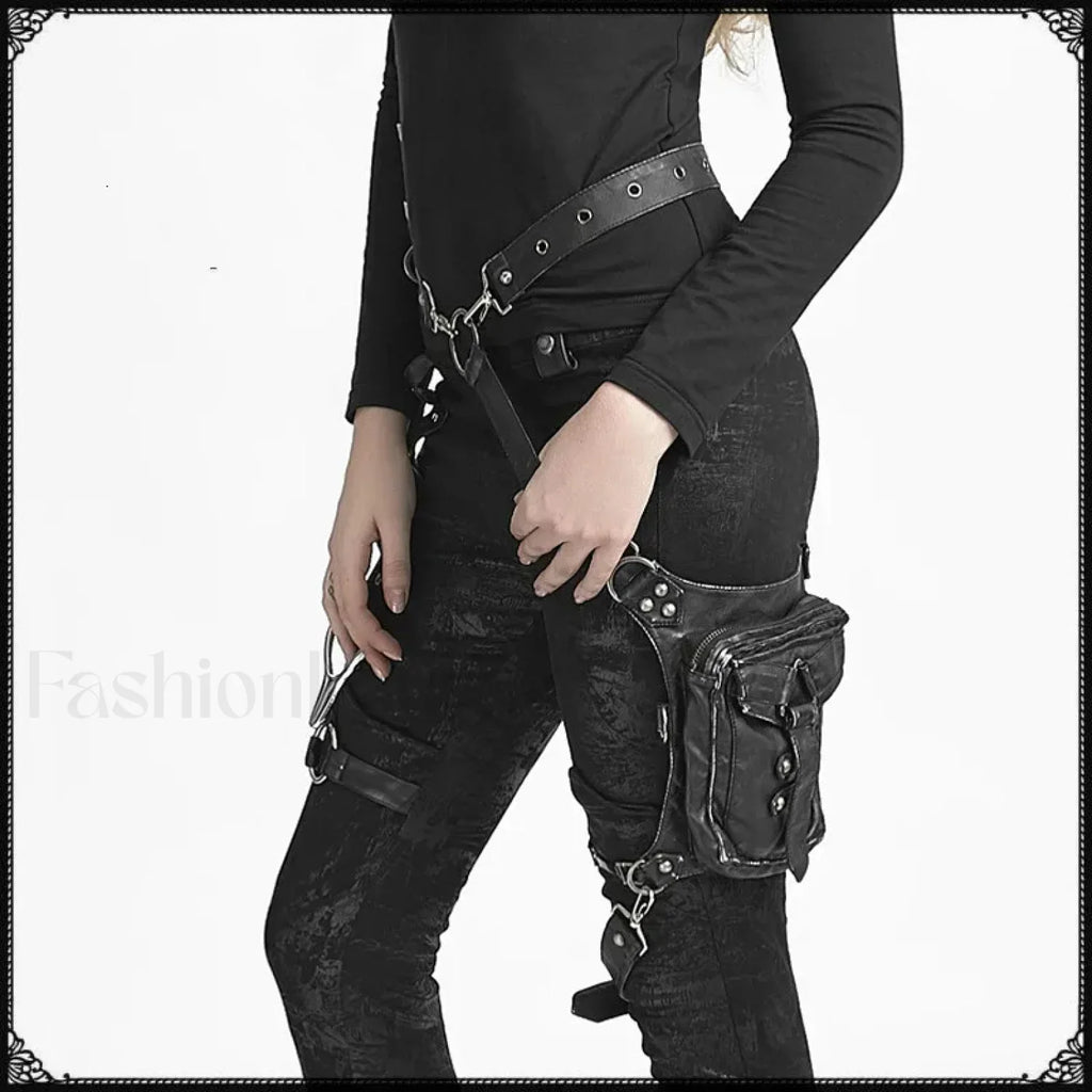 Leather Steam Punk Gothic Shoulder Waist Messenger Retro Women Bag BLACK