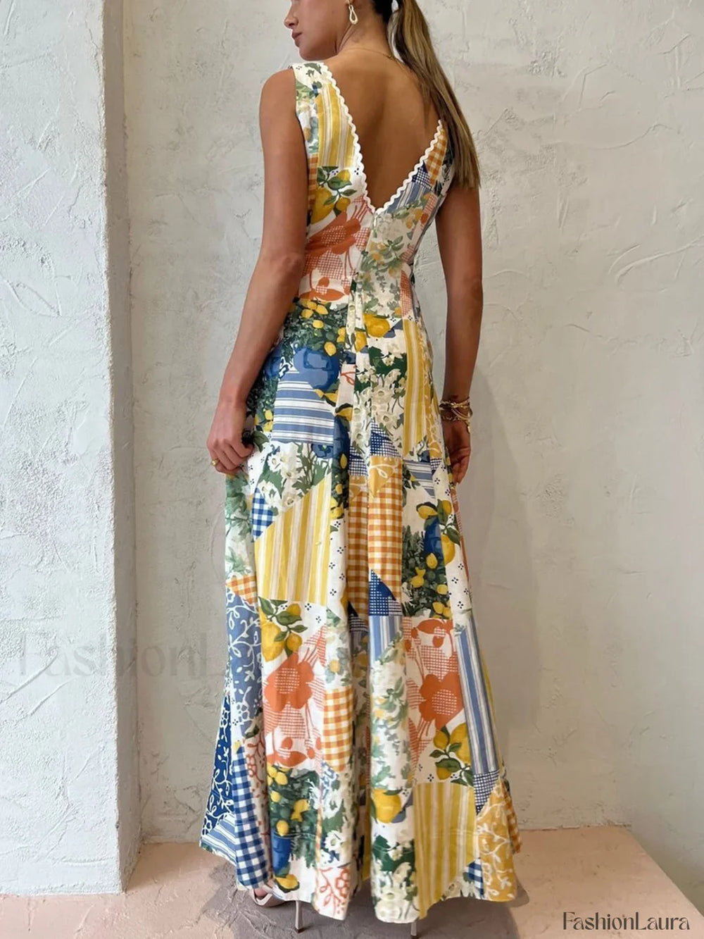 Lemonade Print Lace Trim Long Dress Dresses