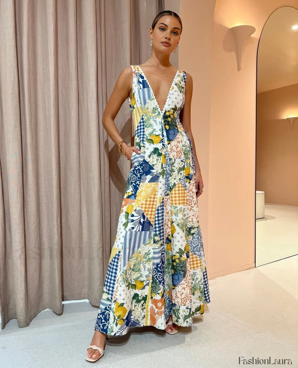 Lemonade Print Lace Trim Long Dress Dresses