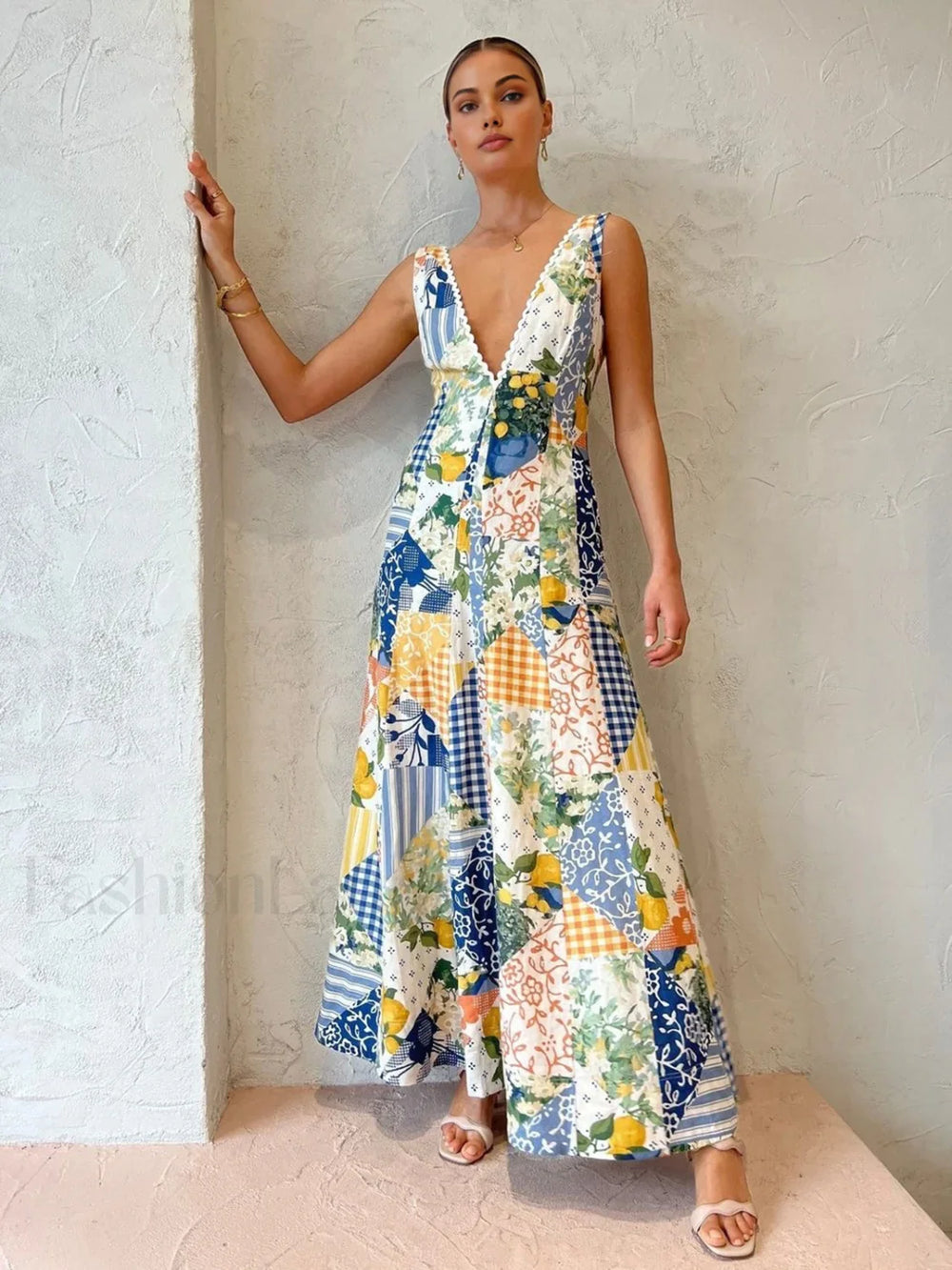 Lemonade Print Lace Trim Long Dress Multicolor / XS Dresses