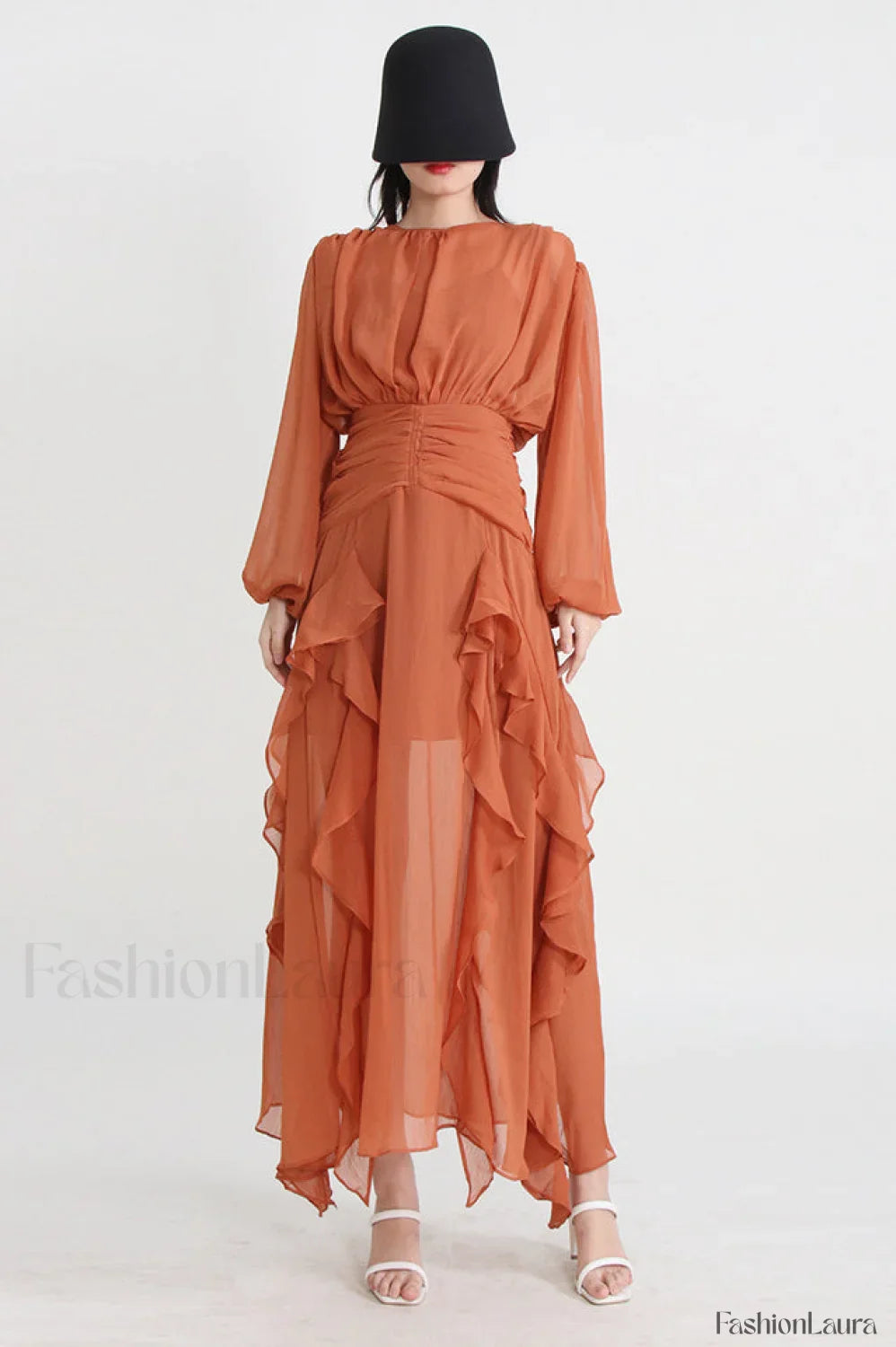 Leonie Ballon Stylish Sleeve Maxi Dress S / Orange