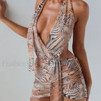 Leopard Deep V Halter Mini Dress