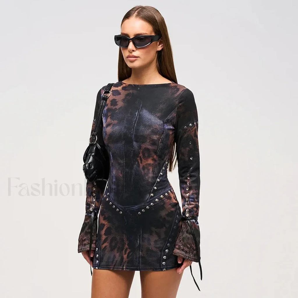 Leopard Flared Sleeve Mini Dress BLACK / S