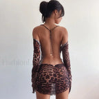 Leopard Mesh Tie Up Mini Dress Brown / S