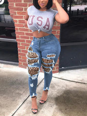 Leopard Patchwork Ripped Jeans Jeans