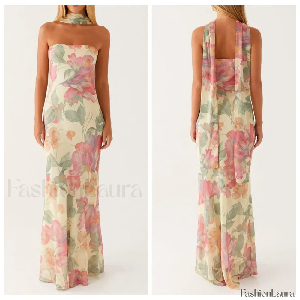 Leopard Strapless Mermaid Floral Dress pink / S