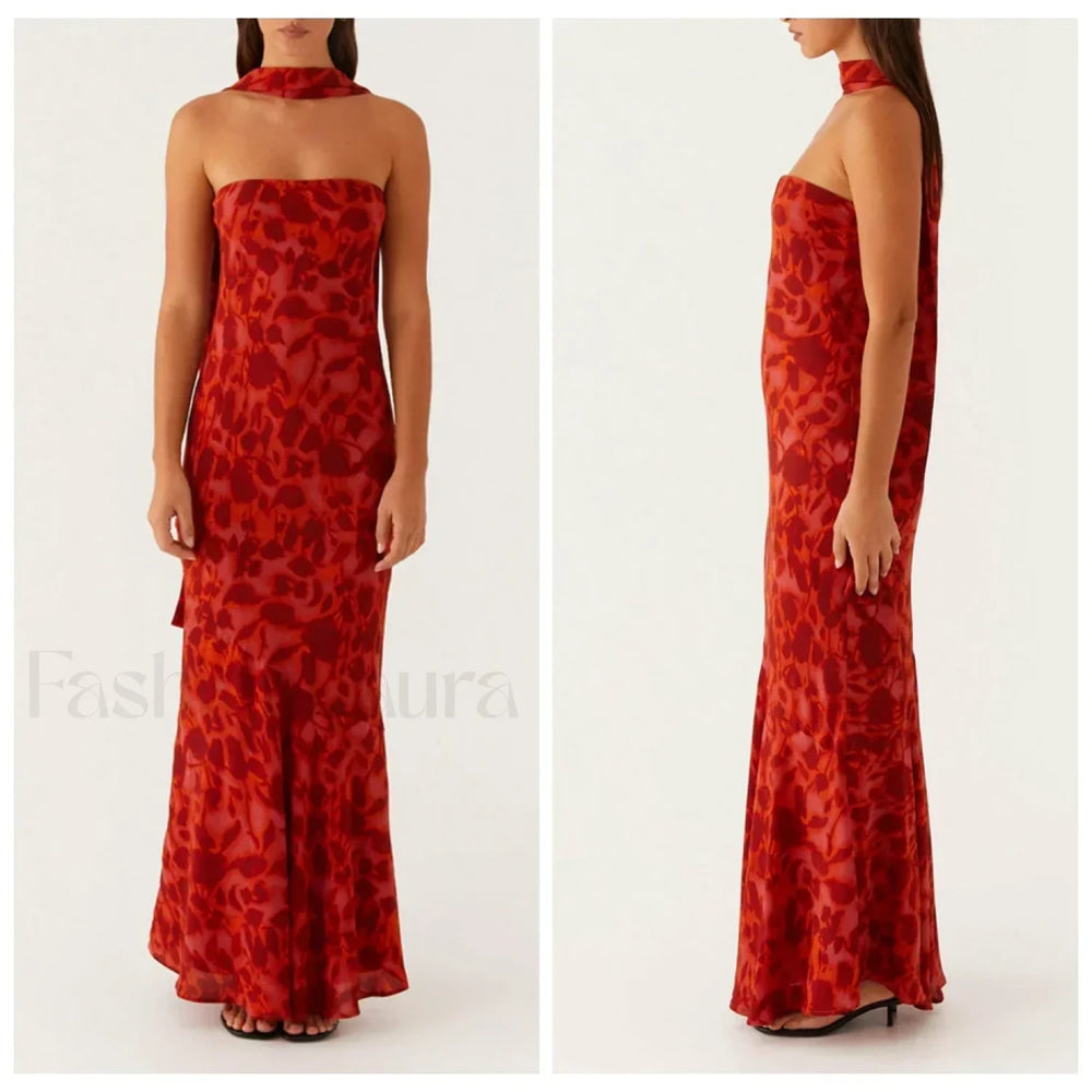 Leopard Strapless Mermaid Floral Dress red1 / S