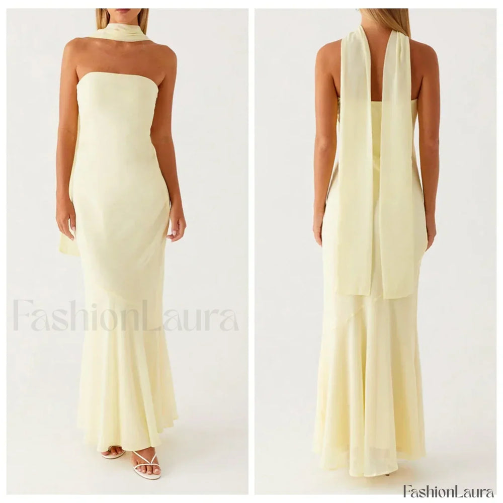 Leopard Strapless Mermaid Floral Dress yellow / S