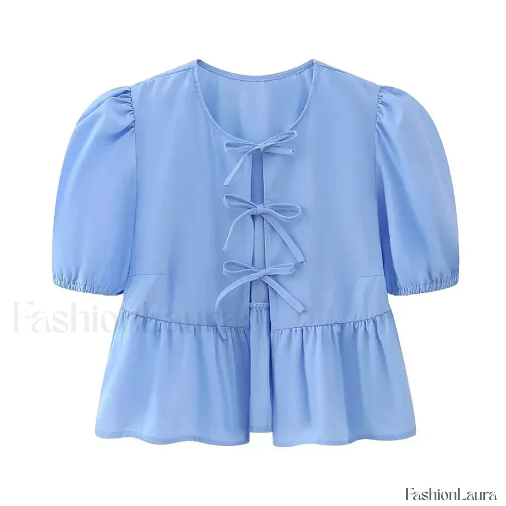 Leopard Sweet Bubble Casual Shirt Blouse Blue / XS