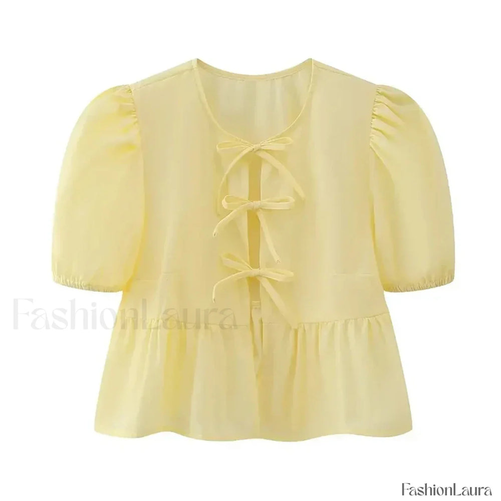 Leopard Sweet Bubble Casual Shirt Blouse Light Yellow / XS