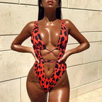 Leopard Wrap Tummy Cut High One Piece RedLeopard / S