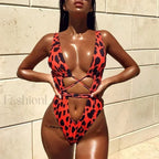 Leopard Wrap Tummy Cut High One Piece RedLeopard / S