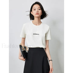 Letter Bead Embroidery Round Neck T Shirt Beige / S