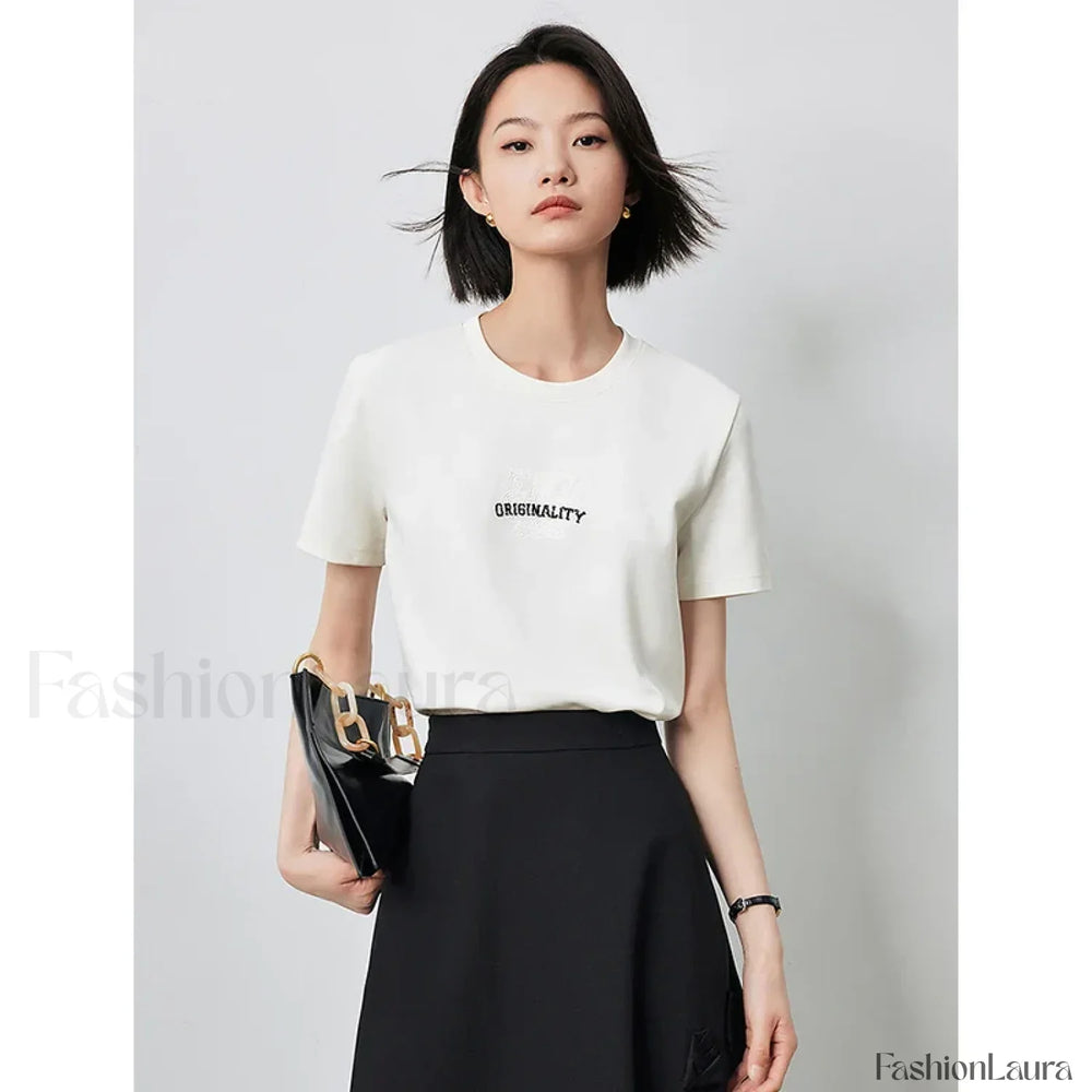 Letter Bead Embroidery Round Neck T Shirt Beige / S