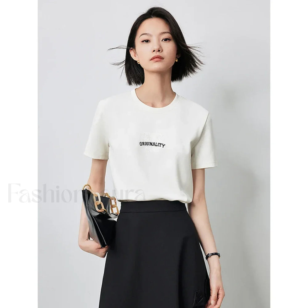 Letter Bead Embroidery Round Neck T Shirt Beige / S